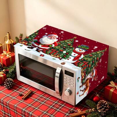 Christmas Microwave Oven Dust Cover, Red Background Print With Santa, Snowman, Christmas Tree, Reindeer & Gingerbread House Elements, Xmas Kitchen Decor Protective Cover,Home And Room Decor,Holiday Atmosphere Props,Party Props, Party Favors
