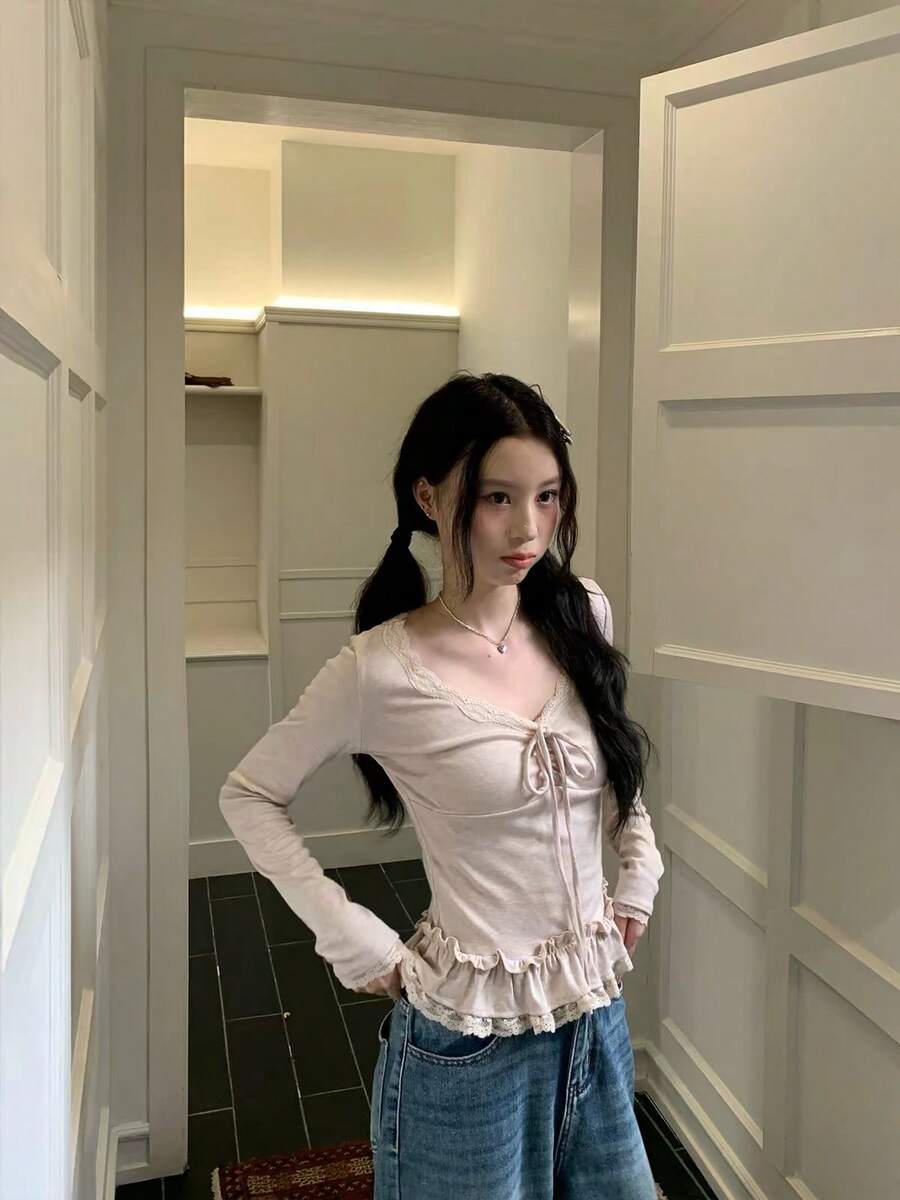 Korean Style Sexy Lace Tie Long Sleeve T-Shirt, Autumn New Slim Fit Base Layer Top - Light Khaki - View 1