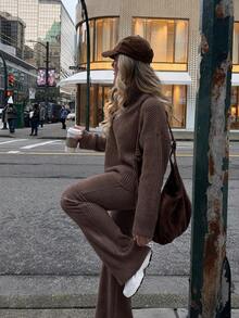 Autumn/Winter New Slouchy Maillard Style Stacked High Neck Knit Two Pieces Set Pants, Relaxed Slimming Convenient Matching Outfit Fall - Camel - View 3