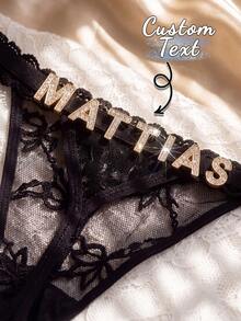 Customized Name Letter Pendant Lace Thong Panties, Personalized Sparkling Rhinestone Sexy Lingerie, Creative Gift For Women's Birthday, Anniversary, Valentine's Day - Black - View 7
