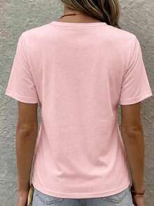 純棉布料 100% 棉 女款 T 恤上衣 粉色短袖 V 領 春夏休閒款 - 粉色 - 查看 3
