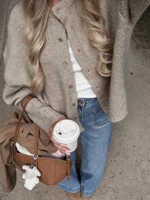 Sookaug Oversized Sweet Youthful Khaki Sweater Cardigan Women's Loose Soft Knit Fall/Winter Versatile - Khaki - View 2