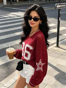 Women's Summer Oversized Loose Sweatshirt, Casual Numeric Print Elegant Lightweight Hollow-Out Knit Top Spring - Burgundy - View 9