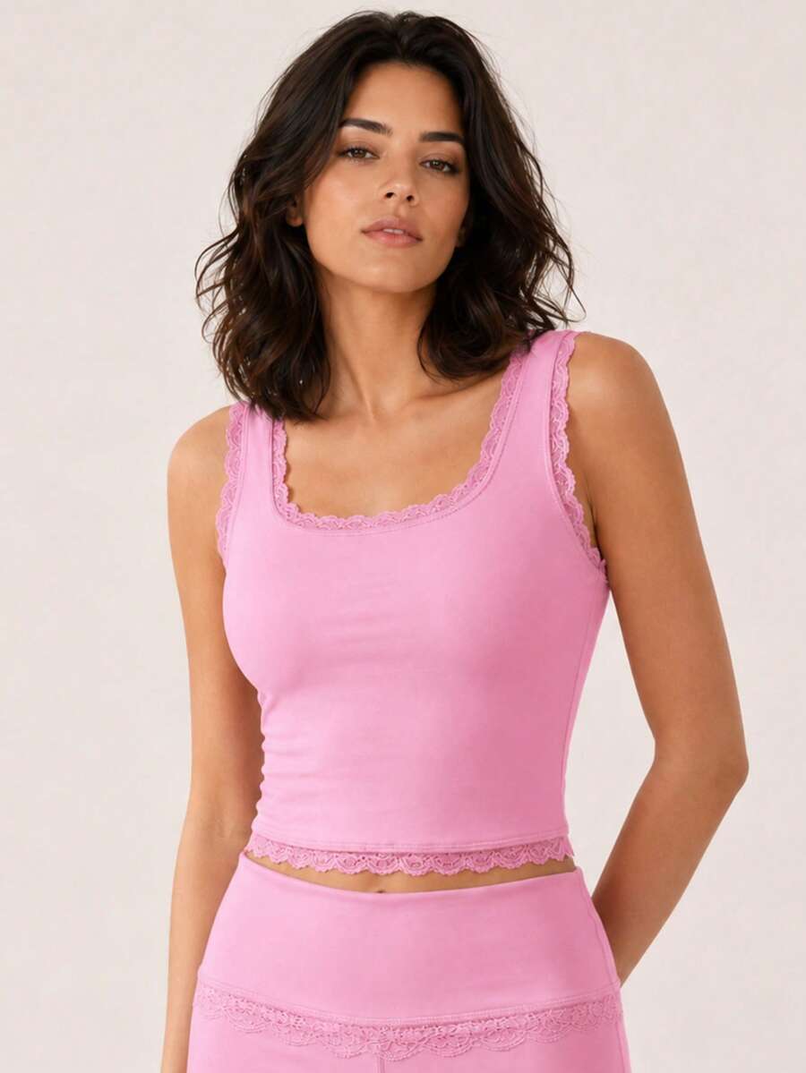 Sodalemon Women's Solid Pink Lace Trim Square Neck Sleeveless Fitted Cropped Pajamas Lingerie Sexy Cute Spring/Summer/Fall - Pink - View 1