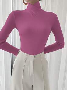 Women's Solid Color Knit Criss-Cross Design Mock Neck T-Shirt, Office Base Layer Top, Autumn/Winter New Arrival - Plum Purple - View 6