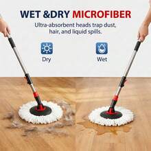 Mops & Bucket Sets,360° Swivel Mop Kit With 1 Fiber Mop Heads, And Stainless Steel Adjustable Handle,For Home Office Floor Cleaning - Black - View 4