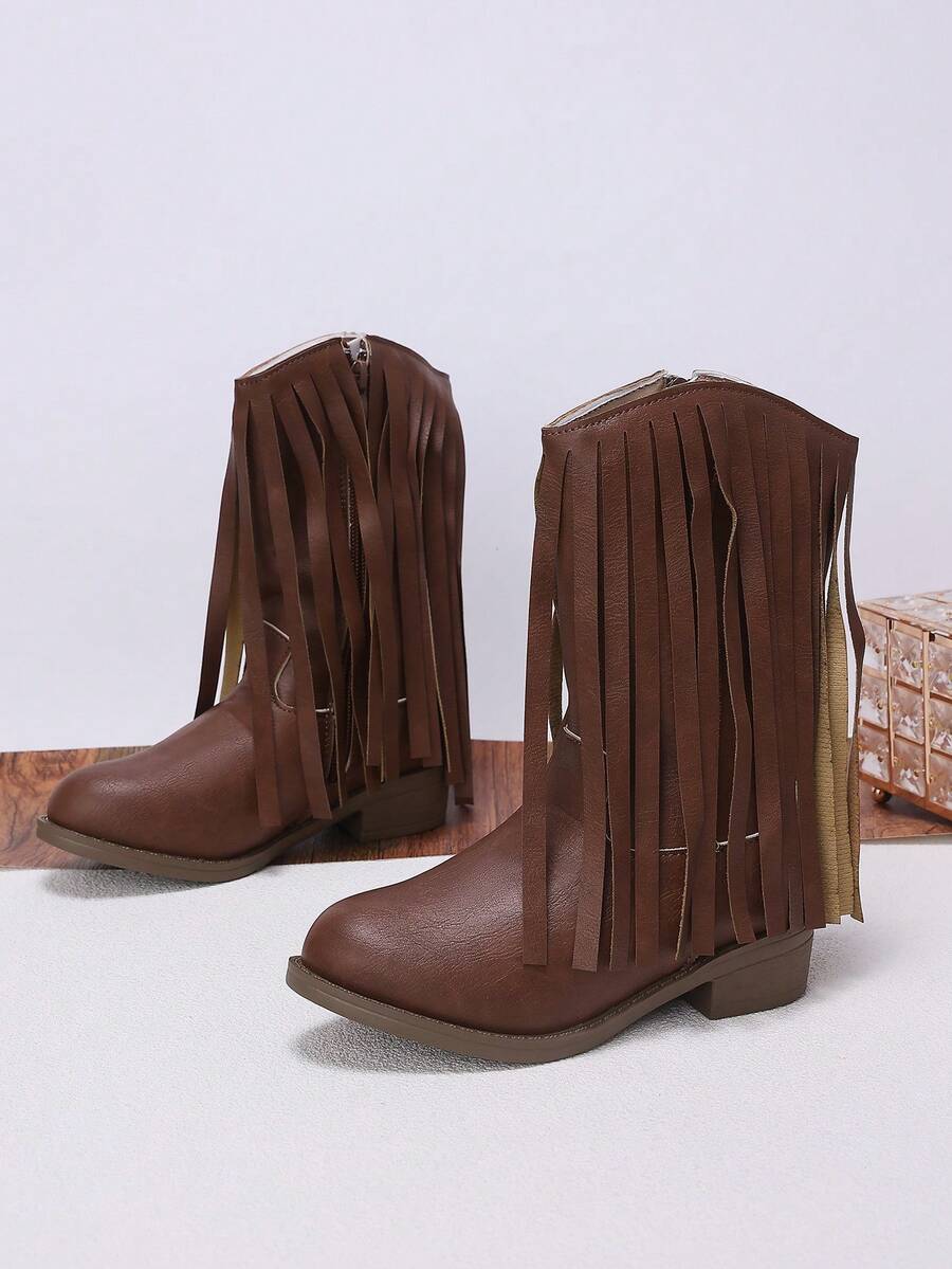 Sepatu Bot Koboi Barat Modis dan Lucu dengan Rumbai untuk Anak Perempuan, Resleting Samping Setengah Betis, Musim Gugur Musim Dingin - Coklat - View 1