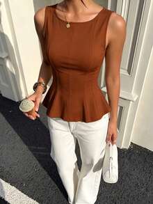 1pc Solid Color Knit Fabric Ruffle Trim Casual Top, Summer - Brown - View 3