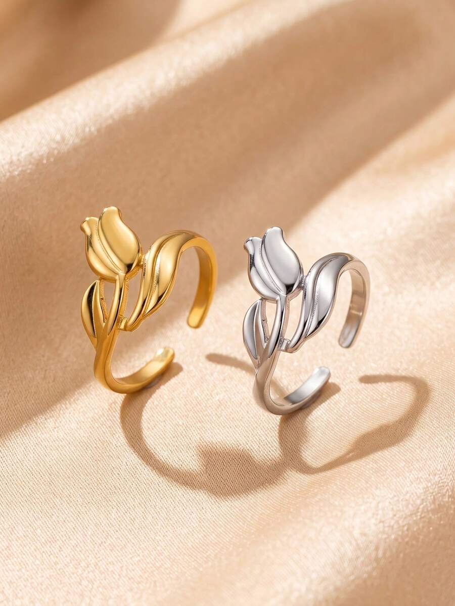 Tulip Shaped Stainless Steel Ring With Adjustable Opening, Suitable For Women's Daily Commuting, Dating, Party Dressing, Gift Giving, And Accessories - Multicolor - View 1