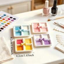 1pc Mini 4-Grid Nail Glitter Storage Box & Nail Color Palette, With Bow Decoration, 2-In-1 Watercolor Palette, Multi-Purpose Nail Rhinestone & Pearl Storage Tray - Multicolor - View 8