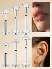 TOKRING Flat Back Stud Earrings For Women,Threadless Stud Piercing Jewelry For Tragus Helix Cartilage Conch Nose 6MM 8MM 10MM Lip Rings Labret Medusa Piercing - Silver - View 2
