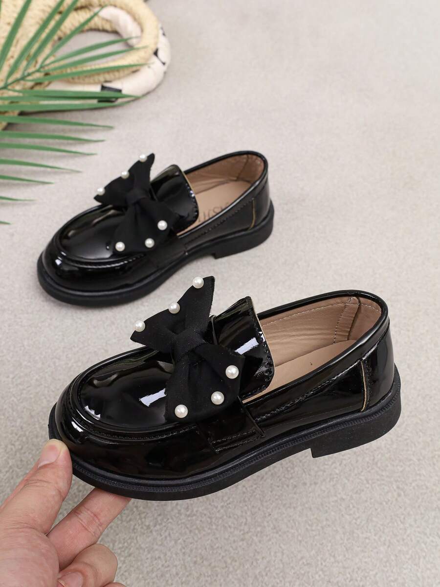 Shu Rui Fashion Girls Pearl Bow Loafers, Elegant Versatile Slip-On Flat Shoes, Daily And School Wear Student Shoes - Black - View 1