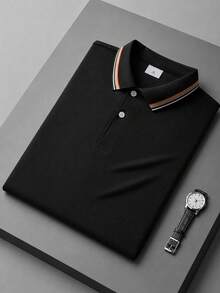 Men's Multi-Stripe Trim Collar Long Sleeve Polo Shirt, Solid Color Golf Business Casual Top - Black - View 1