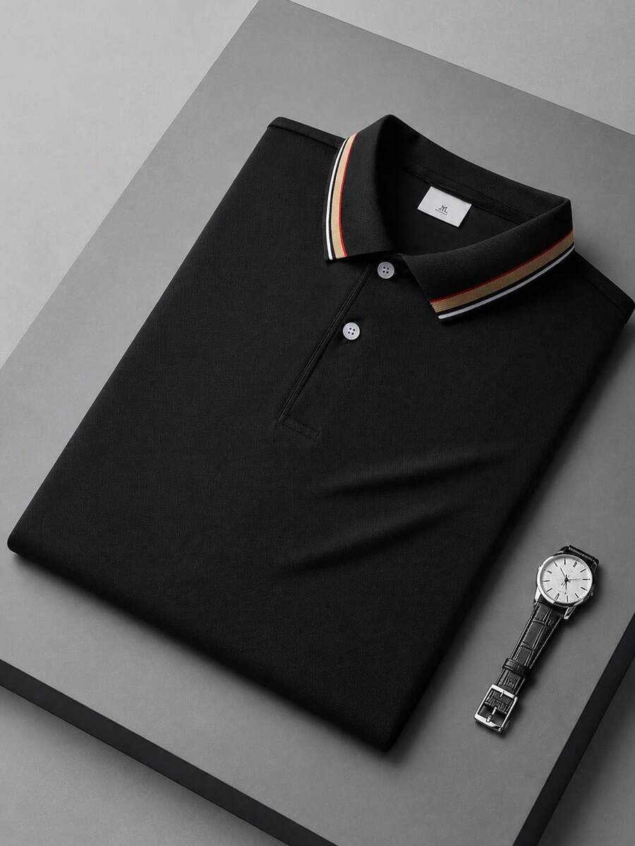 Men's Multi-Stripe Trim Collar Long Sleeve Polo Shirt, Solid Color Golf Business Casual Top - Black - View 1
