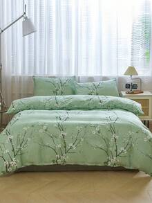 3pcs/set Polyester Green Plum Blossom Branch Pattern Printed Duvet Cover Bedding Set - Green - View 1