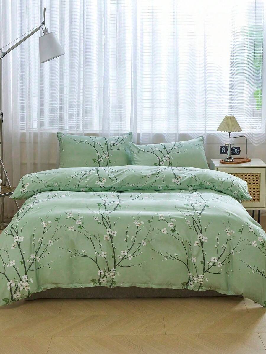 3pcs/set Polyester Green Plum Blossom Branch Pattern Printed Duvet Cover Bedding Set - Green - View 1