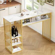 Bar Table With Storage, 140*40*105, High Table With Marble-Effect MDF Top, 3 Shelves And Black Metal Frame, Kitchen Counter For Kitchen, Dining Room And Breakfast Area. - White+Gold+MDF+Metal - View 1