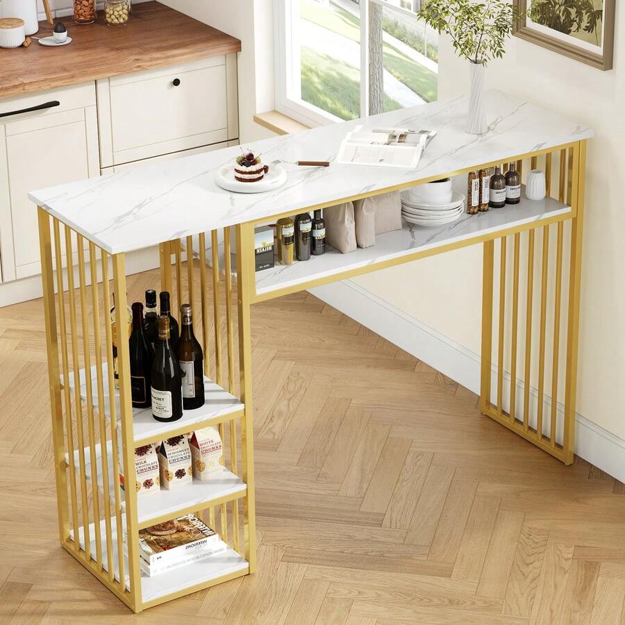 Bar Table With Storage, 140*40*105, High Table With Marble-Effect MDF Top, 3 Shelves And Black Metal Frame, Kitchen Counter For Kitchen, Dining Room And Breakfast Area. - White+Gold+MDF+Metal - View 1