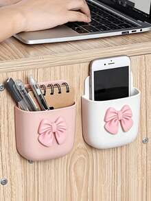 Cute Bow Wall-Mounted Storage Box, No-Drill Wall-Mounted Storage Box, Plastic Organizer Rack, Suitable For Bedroom, Study And Office, Space-Saving Small Item Decoration, Can Hold Phone, Remote Control, Small Tools, Multi-Scenario Use, Home Essential, Creative Gift For Family And Friends - Multicolor - View 2