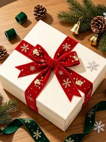 1roll 2.5cm Red And Green Velvet Ribbon With Gold Foil Accents – Featuring Winter Snowman And Snowflake Patterns; Ideal For Christmas Gift Wrapping, Gift Boxes, DIY Holiday Decor, Bouquets, Wreaths, And Tree Trimming. - Multicolor - View 7