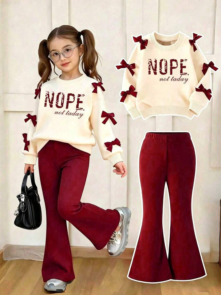 Young Girl Letter Print Crew Neck Long Sleeve Top And Flare Pants Set - Apricot - View 1