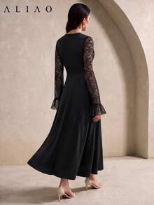 Aliao Elegant Lace Patchwork V-Neck Long Sleeve Midi Dress, Suitable For Date, Party, Vacation, Autumn/Winter - Black - View 6