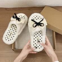 Cream White Cute Girly Style Plush Open Toe Indoor Slippers For Women, Knitted Layered Bow With Black Satin Ribbon And Polka Dots, Suitable For Home Wear - White - View 5