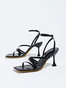 Glossy Black Embossed Square-Toe High Heel Sandals, Multi-Strap Upper, Adjustable Ankle Strap With Buckle, For Party Dinner Date - Black - View 5