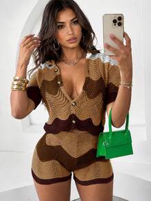 Y2K Streetwear 2pcs Set, Rainbow Striped Contrast Color Hollow Out Lapel Button Short Sleeve Crochet Cropped Top And Shorts Elegant Summer Brown - Brown - View 1