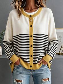 GIGOGOU Plus Size 1XL-4XL Women's Autumn/Winter Colorblock Striped Knit Cardigan, Round Neck Front Button Long Sleeve Casual Knit Jacket - Yellow - View 5