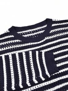 YuwenierPOP Bohemian Style Casual Deep Blue & White Striped Hollow Knit 2-Piece Set, Round Neck Long Sleeve Loose Top With Drawstring Elastic Shorts, Vacation Autumn Campus Style - Navy Blue - View 9
