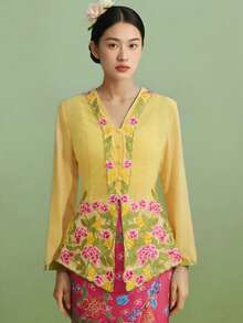 1pc Elegant Embroidered Long Sleeve Blouse For Women, Suitable For Holiday, Birthday, Party, Daily Wear - Yellow - View 4