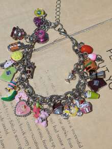 1pc Cute Fruit Cake Charm Bracelet, Chocolate Toast Donut Bracelet, Coffee Bean Fun Bracelet - Silver - View 5
