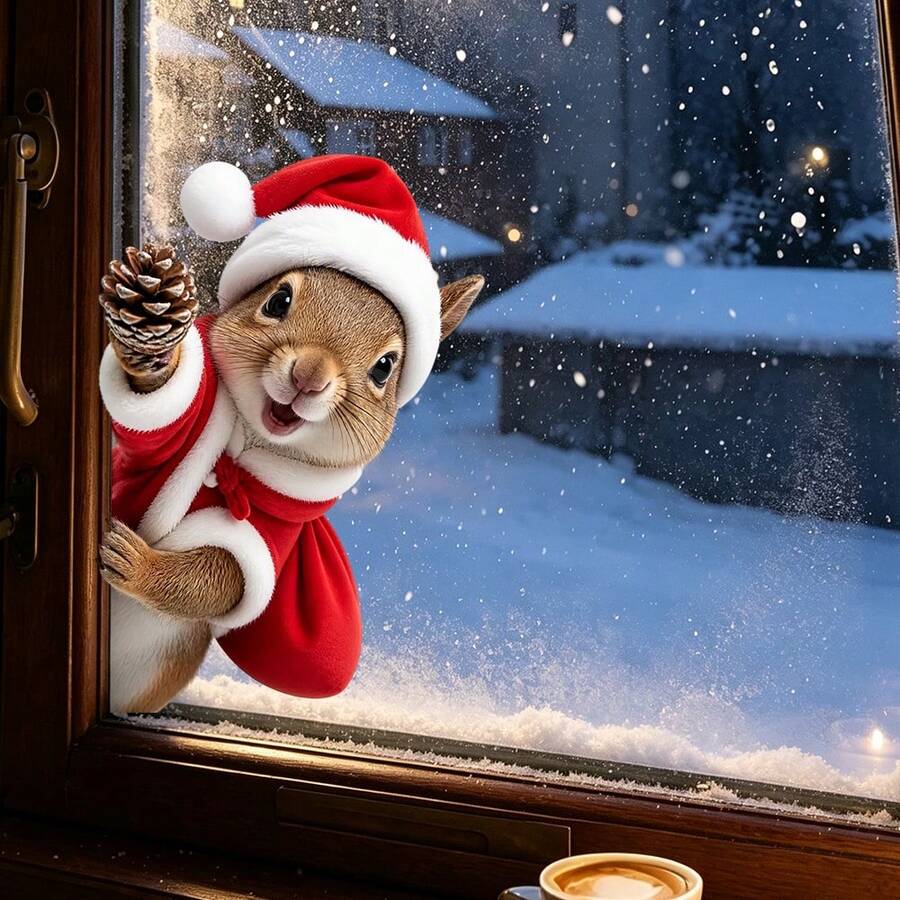 1/2pcs Squirrel Christmas Window Stickers, Christmas Squirrel Glass Decals, Vinyl Reusable, Suitable For Living Room And Bedroom Christmas Home Decor - Multicolor - View 1