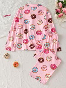 Tween Girl Fashion Casual Comfortable Cute Skin-Friendly Colorful Donut Digital Print Long Sleeve Cardigan & Pants Set, Suitable For Autumn/Winter Home & Daily Wear - Pink - View 3