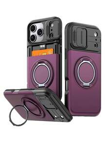 1 Buah Casing Ponsel Pelindung Lensa Geser Lapis Baja Mewah Kompatibel dengan iPhone 18 Pro Max 17 16 15 14 13 12 11 Pro Max Plus Braket Putar 360° Sisipan Kartu Desain Kemasan Braket Mobil Adsorpsi Pelindung Anti Guncangan - Prem - View 2
