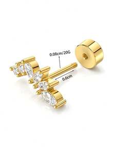 1pc 18K Gold Plated Stainless Steel & Copper Flat Back Stud Earrings, Inlaid With Cubic Zirconia, Suitable For Women's Ear Lobe, Cartilage And Other Piercings, 20G Size - A Pair Of Round  Earrings - View 4