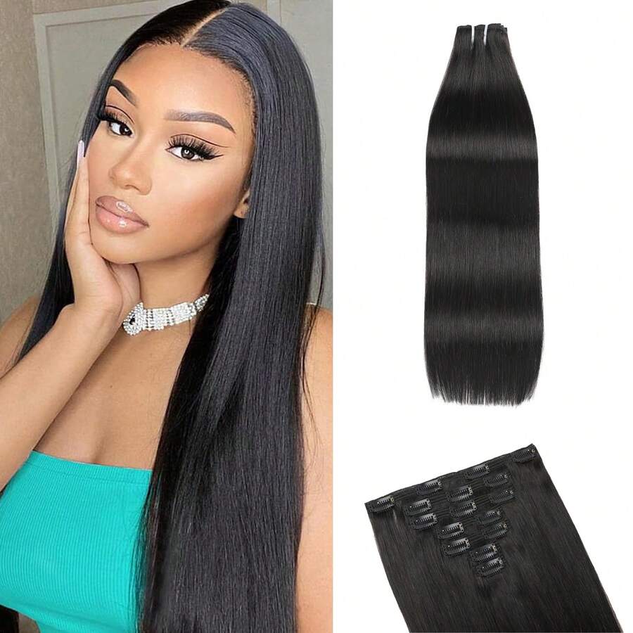 7Pcs Clip In Hair Extensions Real Human Hair Natural Black Straight Seamless Invisible Double Weft With Reusable Comfortable Secure Clip Ins For Women Can Be Styled For Daily - Natural Black - View 1