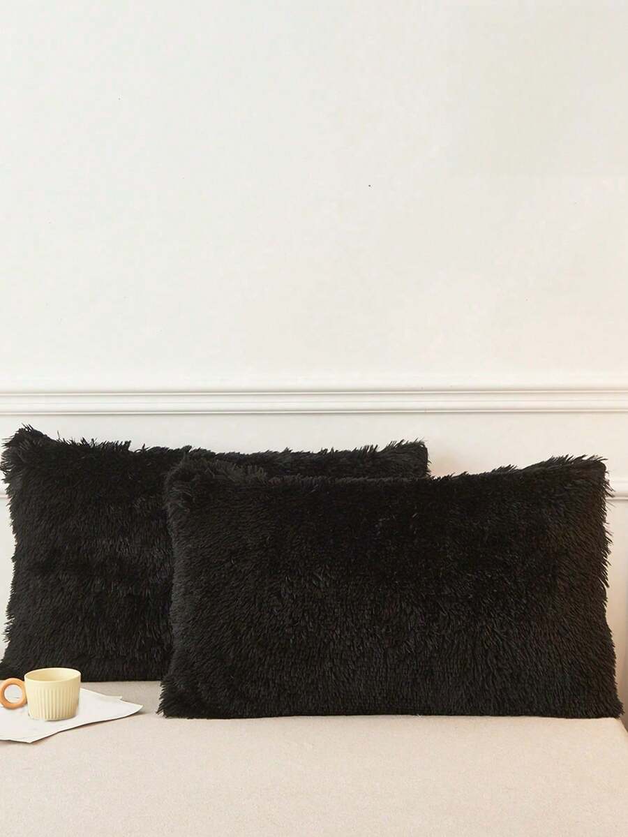 2pcs Black Plush Pillow Covers, Zipper Closure, Suitable For Bedroom, Living Room, Sofa, Chair, Soft And Comfortable, Home Decor Cushion Covers, Pillow Inserts Not Included - Black - View 1