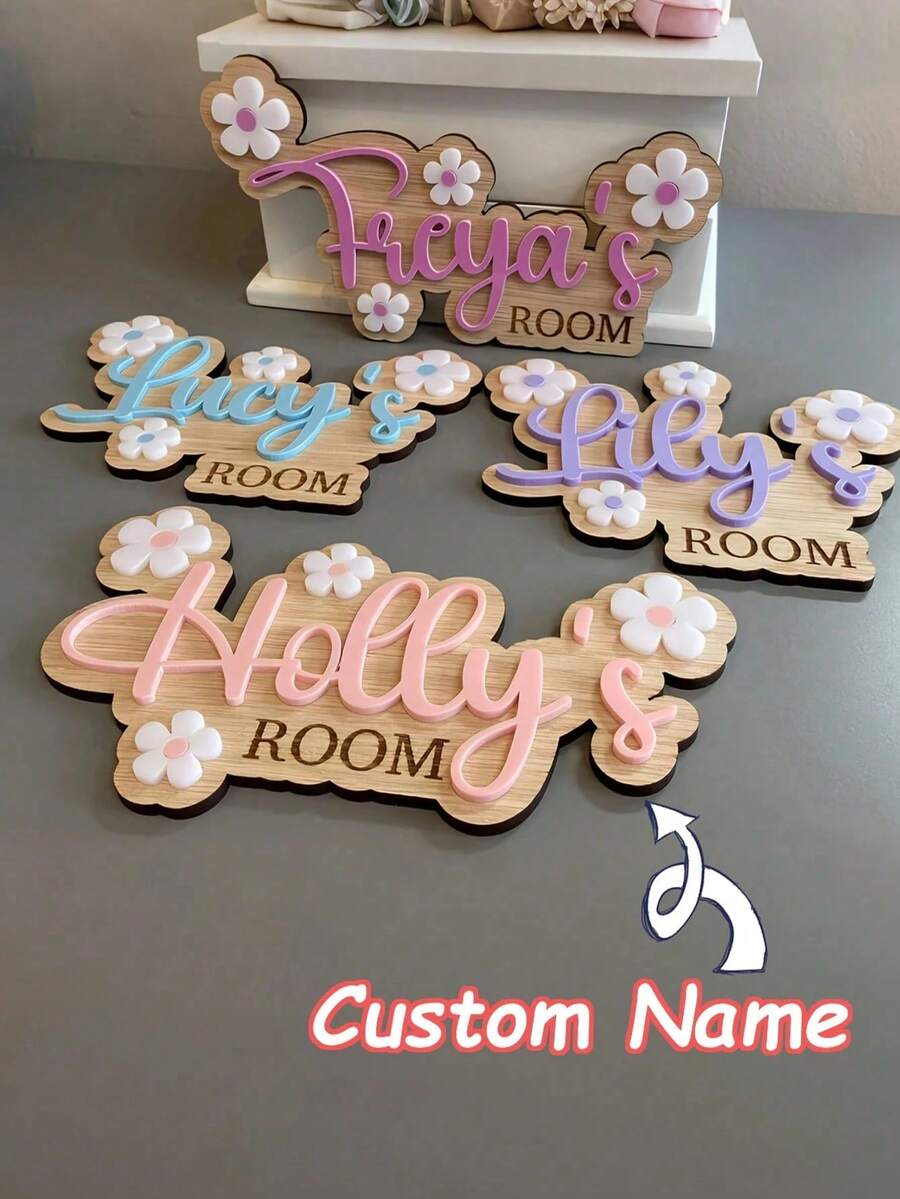 1pc Personalized Bedroom Floral Door Sign, Children's Daisy Door Sign, Customized Name Wooden Acrylic Door Sign, Teacher Name Classroom Door Sign - Multicolor - View 1