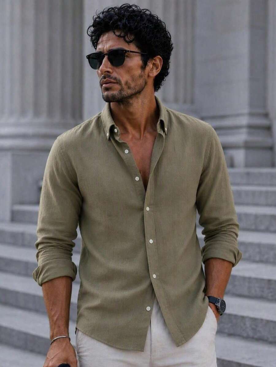 100% Cotton Linen, Breathable, Lightweight, Button-Down Collar, Men's Linen Shirt - Khaki - View 1