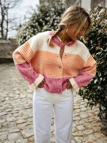 Colorblock Striped Knit Cardigan, Round Neck Single-Breasted Ruffle Cuff Long Sleeve Loose Slouchy Jacket, Women's Autumn/Winter Casual Versatile Top - Orange Pink - View 8