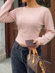 SCARLUX Sweater Rajut Dasar Pink Gaya Y2K Musim Gugur/Musim Dingin untuk Wanita, Leher Perahu, Lengan Panjang, Potongan Pendek, Pas Badan, Cocok untuk Pakaian Sehari-hari Kembali ke Sekolah/Jalanan - Berwarna merah muda - View 3