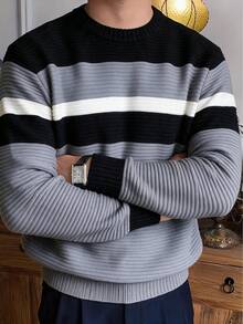 Men's Crew Neck Contrast Color Horizontal Ribbed Textured Ribbed Knit Sweater Pullover Long Sleeve Casual Inner Layer Top For Autumn/Winter - Grey - View 3