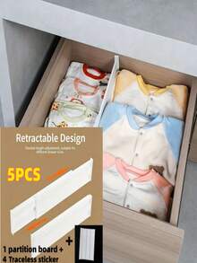 5PCS (1 Partition+4 Traceless Stickers) Adjustable Drawer Divider Set, Suitable For Storing Kitchen Utensils/Socks/Underwear/Desk Drawers, Adjustable Drawer Dividers, Heavy-Duty Plastic Retractable Folding Storage Box - Multicolor - View 11