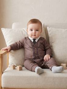 Brown Herringbone Faux Suit Newborn Romper, 2 Pieces Style Shirt & Vest Jumpsuit For Party And Photo Shoot - Camel - View 3