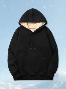 Men's Warm Lining Pullover Pullover Sweatshirt, Winter Warmth, With Large Pockets, Solid Color Casual Outdoor Wear - Black - View 4