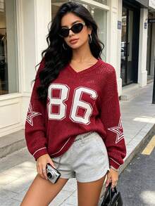 Women's Summer Oversized Loose Sweatshirt, Casual Numeric Print Elegant Lightweight Hollow-Out Knit Top Spring - Burgundy - View 8