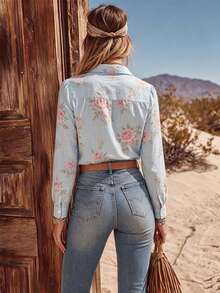 YI XUAN Women's Autumn Shirt In A Linen Blend, Featuring A Long Lapel Design And A Printed Pattern-A Bohemian-Style Vacation Top For Fall. - Baby Blue - View 3