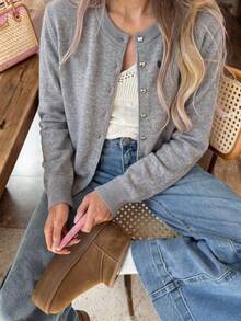 Women's Heart Embroidered Long Sleeve Single-Breasted Knit Cardigan, Autumn/Winter - Grey - View 7